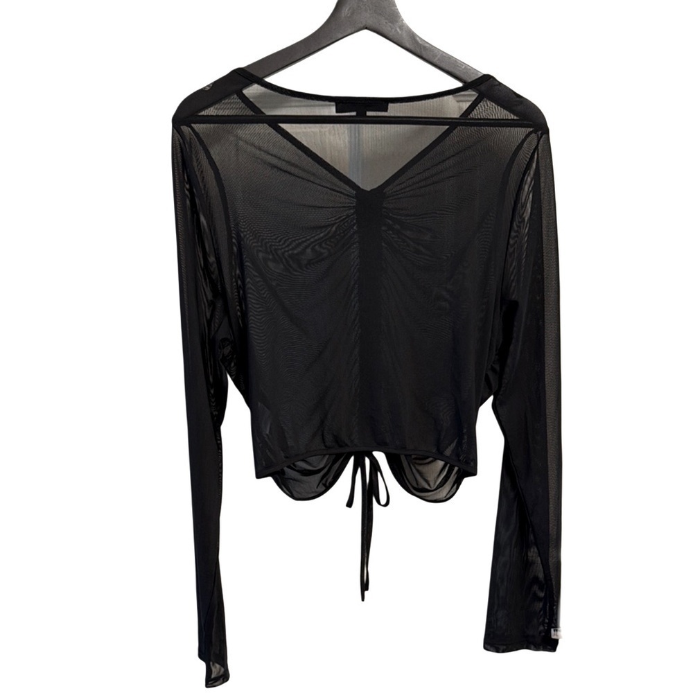Love Tree Sheer Black Ruched Long Sleeve Adjustable Tie Front Crop Top Plus 3X